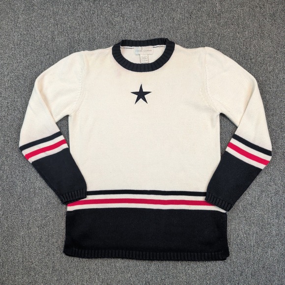 Casual Corner Vintage 90s Star Nautical Sweater L White Blue Red Cotton UK Made — photo 2